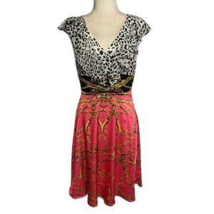 Balizza Pink Black White Chain Leopard Print V Neck Tank knee Length Dress Xs 36